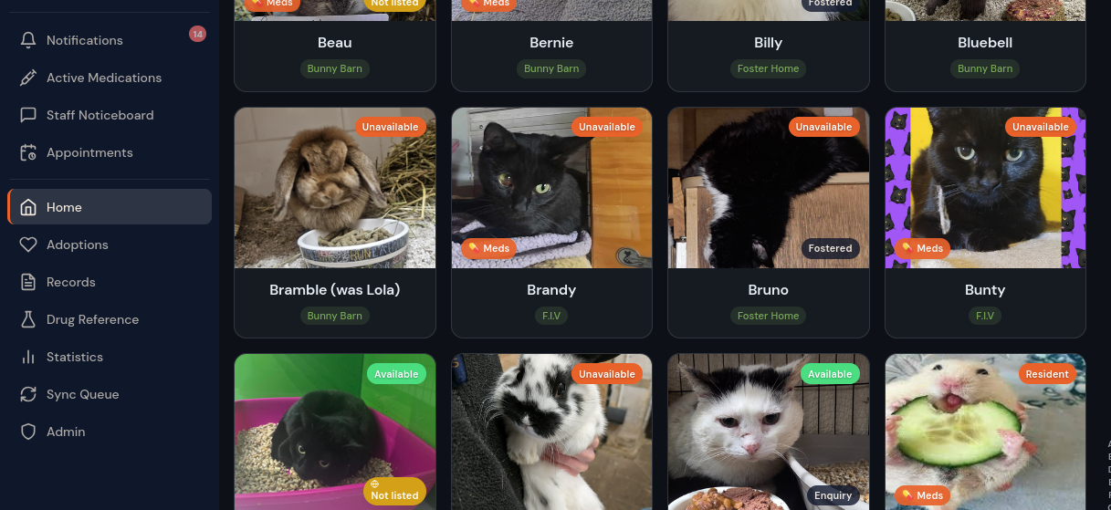 The RescueDB app — animal list and sidebar