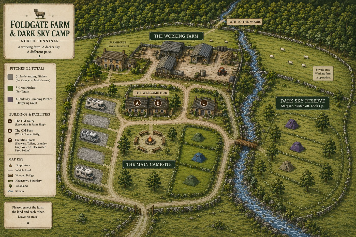 Illustrated layout of Foldgate Farm — the working farm and farmhouse, the welcome hub (reception, wifi barn, facilities block), the main campsite with hardstanding and grass pitches around a central firepit, a stream and wooden bridge, and the Dark Sky Reserve's stargazing-only pitches beyond it